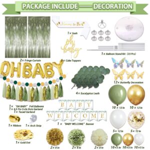 Guudmua 217 Pcs Sage Green Baby Shower Decorations, Neutral Baby Shower Decor Supplies- Disposable Dinnerware Set With Eucalyptus Leaf (25 Guest), "OH BABY" Banner, Balloon, Sash, Cake Topper