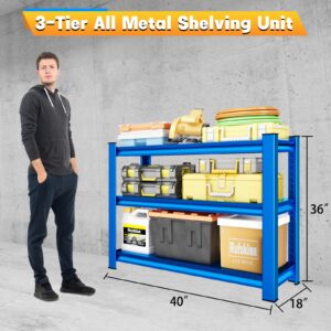 Rufokisa 40" W Garage Shelving Heavy Duty，1500LBS Loads Adjustable Garage Storage Shelves,3-Tier Metal Storage Racks and Shelving Units, Utility Rack Shelves,40”W x 18”D x 36”H,Blue