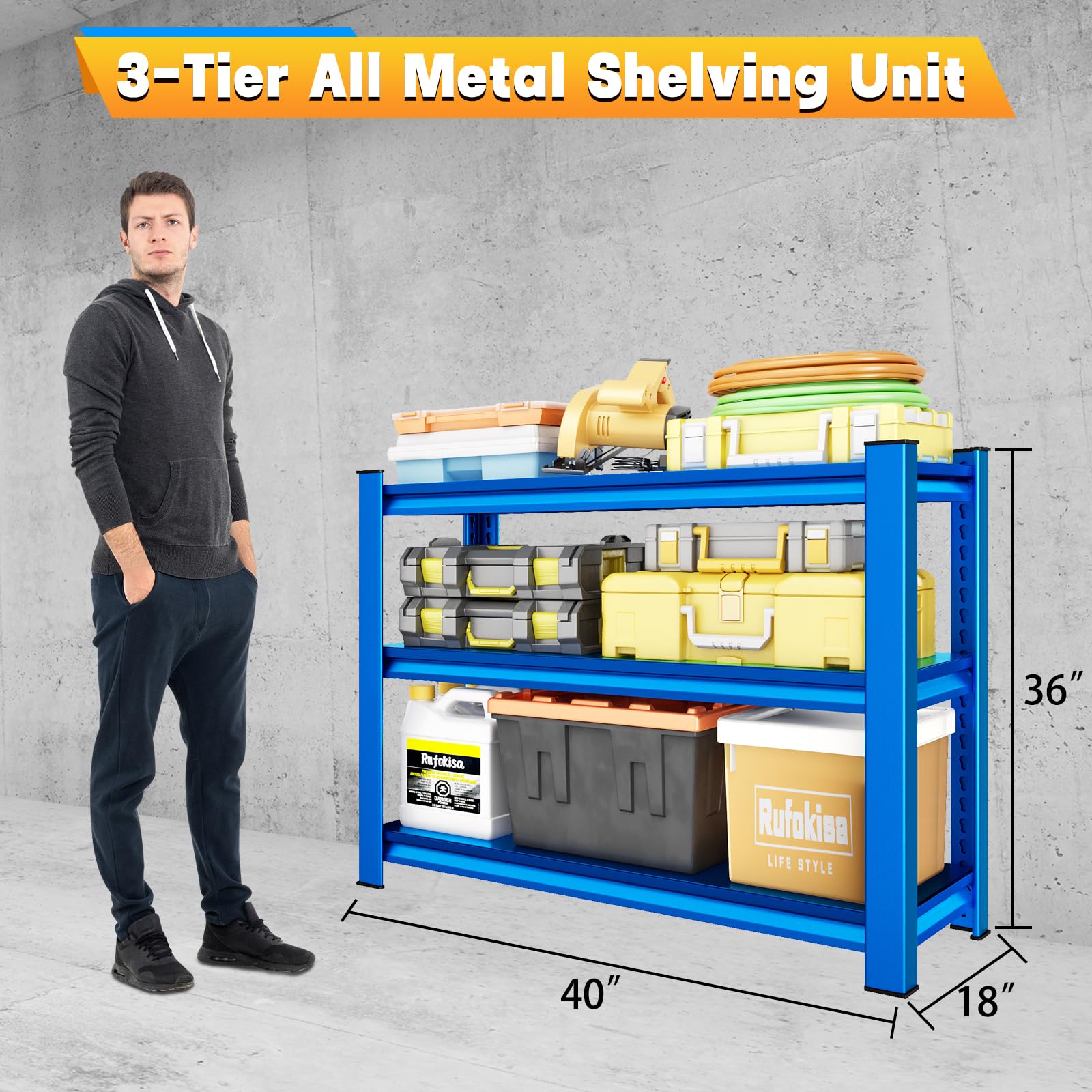 Rufokisa 40" W Garage Shelving Heavy Duty，1500LBS Loads Adjustable Garage Storage Shelves,3-Tier Metal Storage Racks and Shelving Units, Utility Rack Shelves,40”W x 18”D x 36”H,Blue