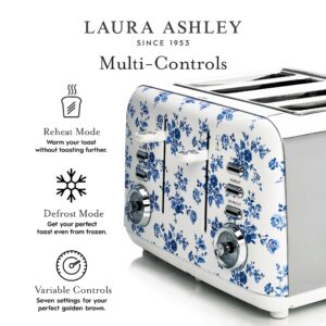 VQ Laura Ashley China Rose Stainless Steel 4 Slice Toaster | Bagels & Bread Toasters 4 Slices Wide Slot with Adjustable Heating & Defrost Mode | Grille Pain 4 tranches with Croissant Warming Rack