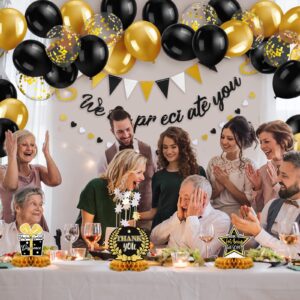 Foilswirl Employee Appreciation Decorations We Appreciate You Banner Triangle Flag Banner Heart Banner 3D Tables Honeycomb Centerpieces Balloons for Farewell Retirement Going Away Party (Black, Gold)