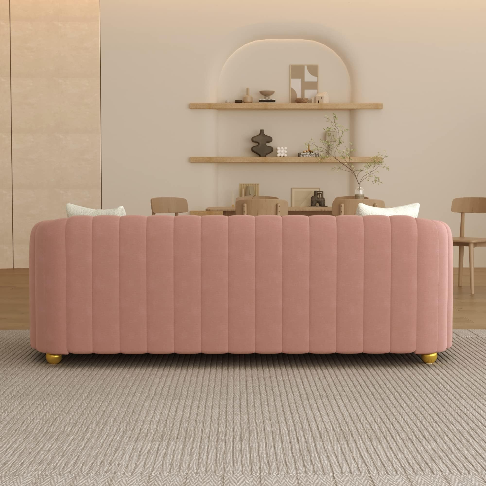 STORFENBOR 83" Pink Velvet Sofa Mid Century Modern Couch for 3 Person Chesterfield Tufted Velvet Couches with 2 Pillows for Living Room Apartment Bedroom Office