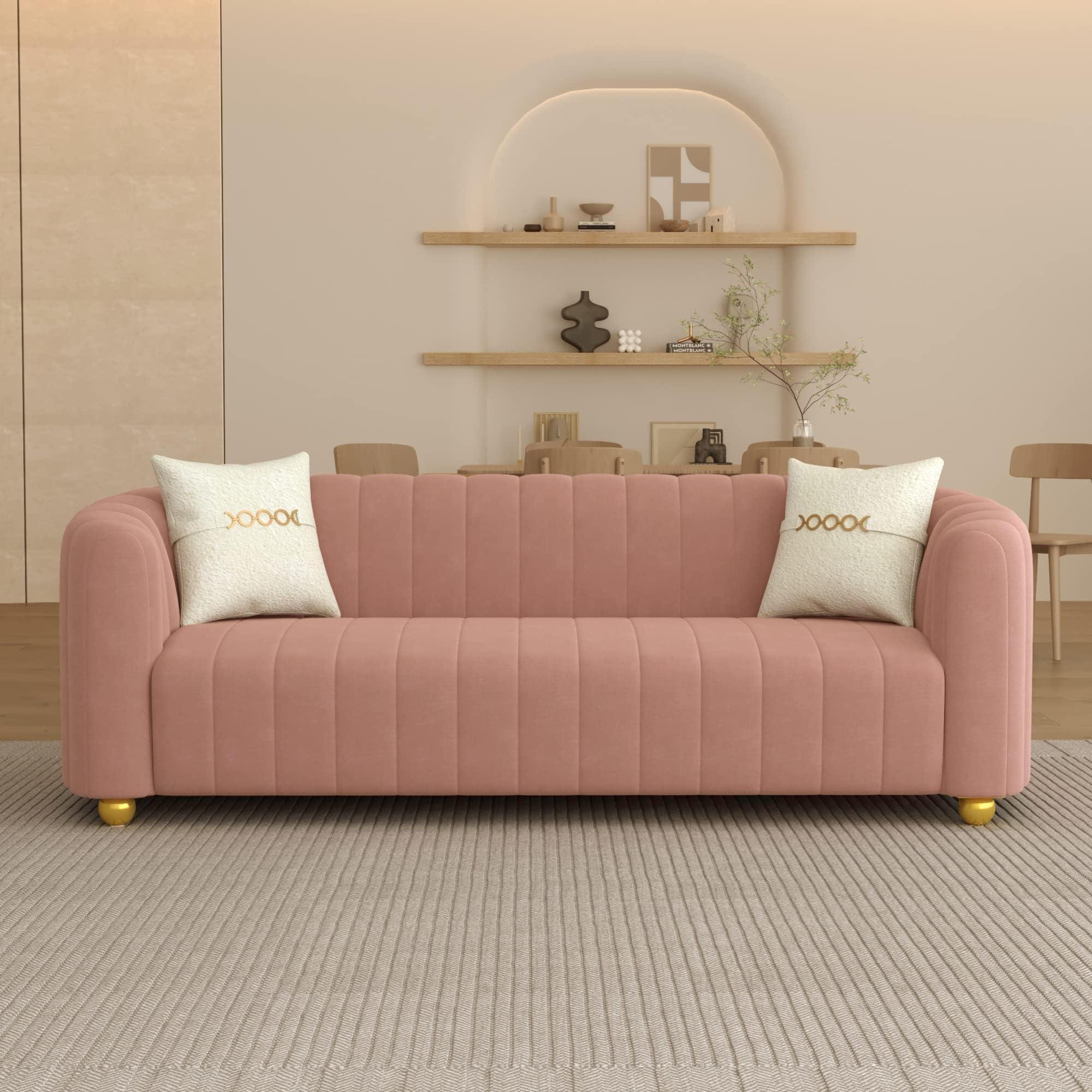 STORFENBOR 83" Pink Velvet Sofa Mid Century Modern Couch for 3 Person Chesterfield Tufted Velvet Couches with 2 Pillows for Living Room Apartment Bedroom Office