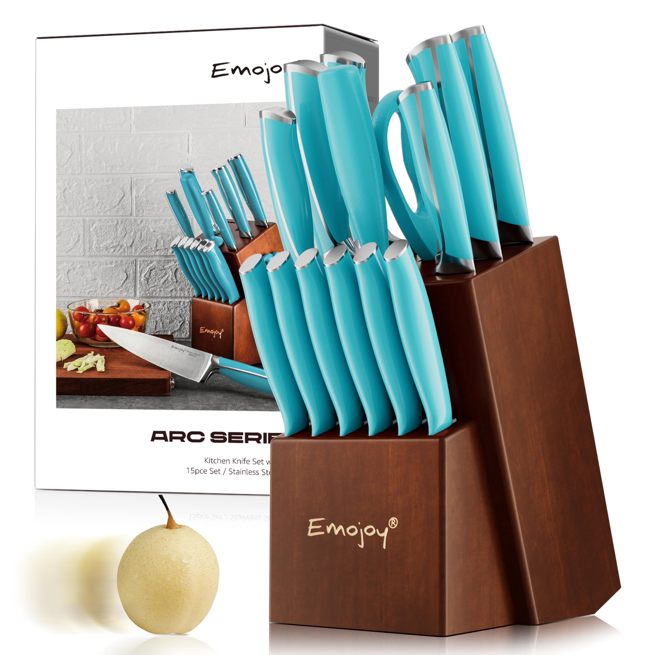 Knife set,Emojoy Kitchen Knife Set With Block Wooden,15-Pieces Kitchen Knives German Stainless Steel Sharp Chef Knife Set with Sharpener