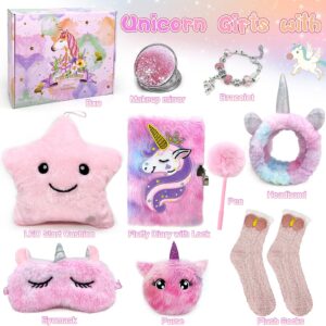 Lobimelan Unicorns Gifts for Girls Toys 6 7 8 9 10 Year Old Tie-Dye Playset Includes Star Stuffed Mirror Diary Eyemask Headband Purse Pen Bracelet and Sock