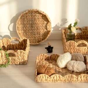 StorageWorks Scalloped Tray, Wicker Tray with Handles, Woven Square Rattan Tray, Scallop Basket Table Décor Trays, Water Hyacinth Rattan Serving Tray for Ottoman Decorative and Organizer Trays