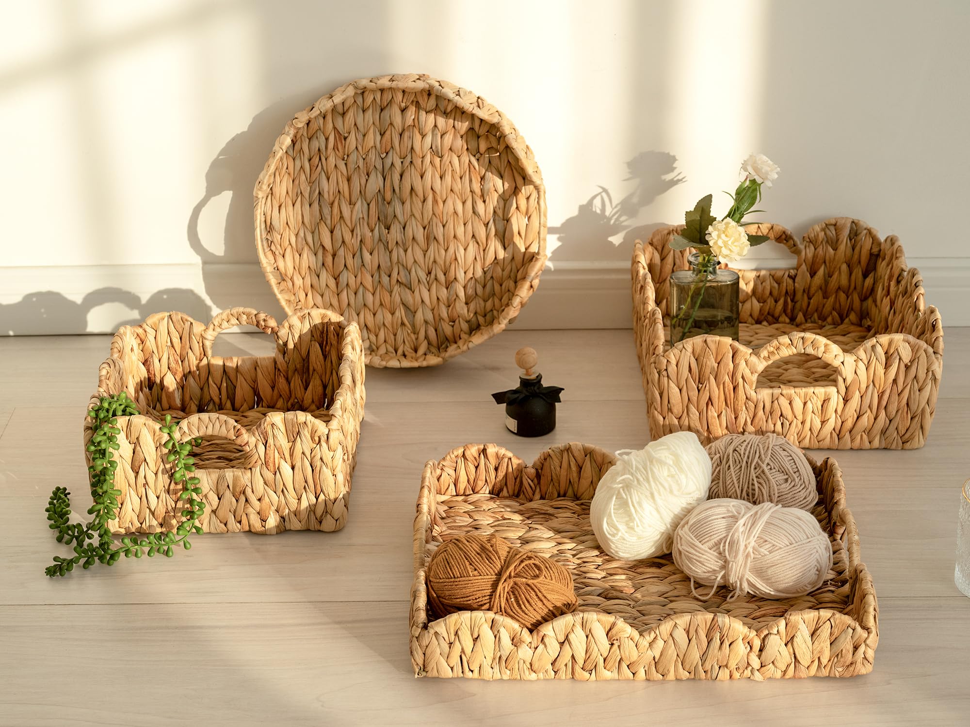 StorageWorks Scalloped Tray, Wicker Tray with Handles, Woven Square Rattan Tray, Scallop Basket Table Décor Trays, Water Hyacinth Rattan Serving Tray for Ottoman Decorative and Organizer Trays