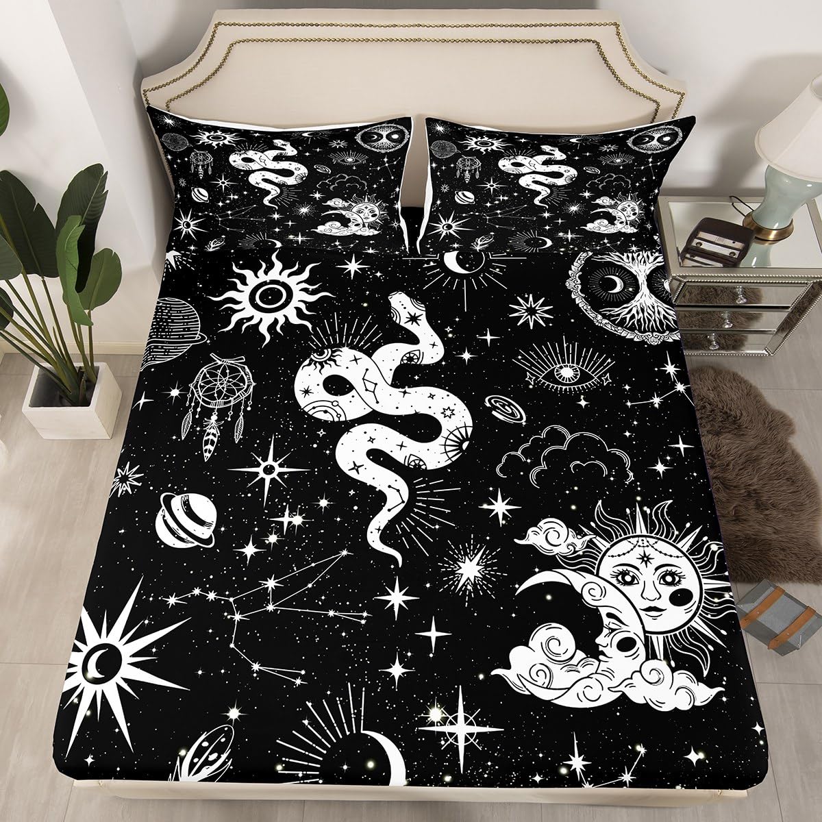 Black White Snake Fitted Sheet Full Size,Sun Moon Stars Constellation Bed Sheet 3Pcs,Boho Dream Catcher Bedding Sheets Kids Girls Boys Adult Room Decor Gothic Exotic Deep Pocket Sheet,2 Pillowcases