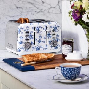 VQ Laura Ashley China Rose Stainless Steel 4 Slice Toaster | Bagels & Bread Toasters 4 Slices Wide Slot with Adjustable Heating & Defrost Mode | Grille Pain 4 tranches with Croissant Warming Rack