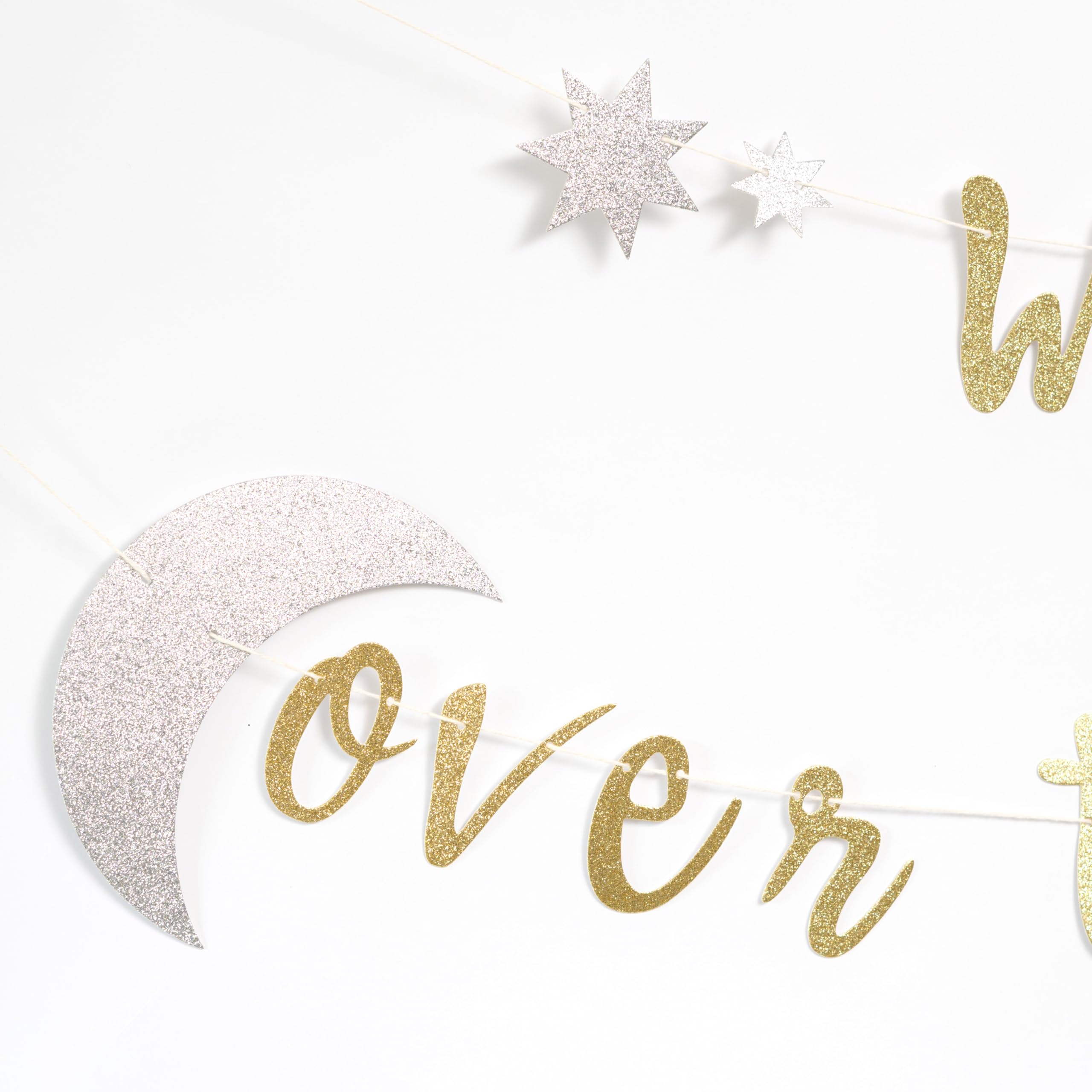 MUWEOL We’Re Over The Moon Banner - Over The Moon Baby Shower Decoration,Gender Reveal Wall Hanging Banner,Golden Glitter Party Wall Decoration (moon banner golden)