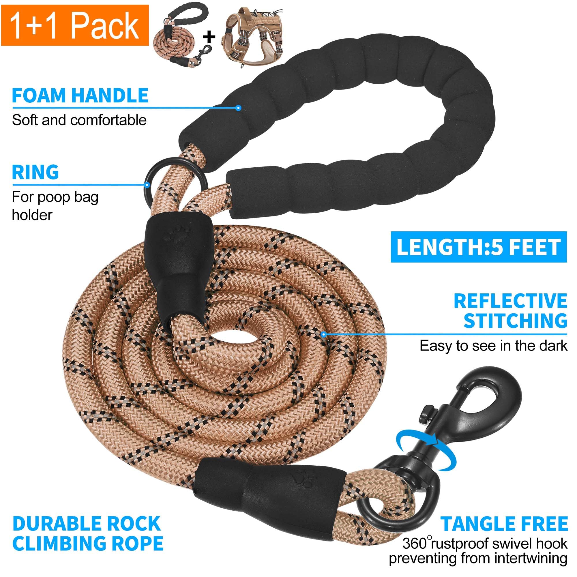 Beebiepet Heavy Duty Tactical Dog Harness for Large Dogs, No Pull Adjustable Pet Harness Reflective Service Training Easy Control Pet Vest Military K9 Working Dog Harnesses- Large, Brown