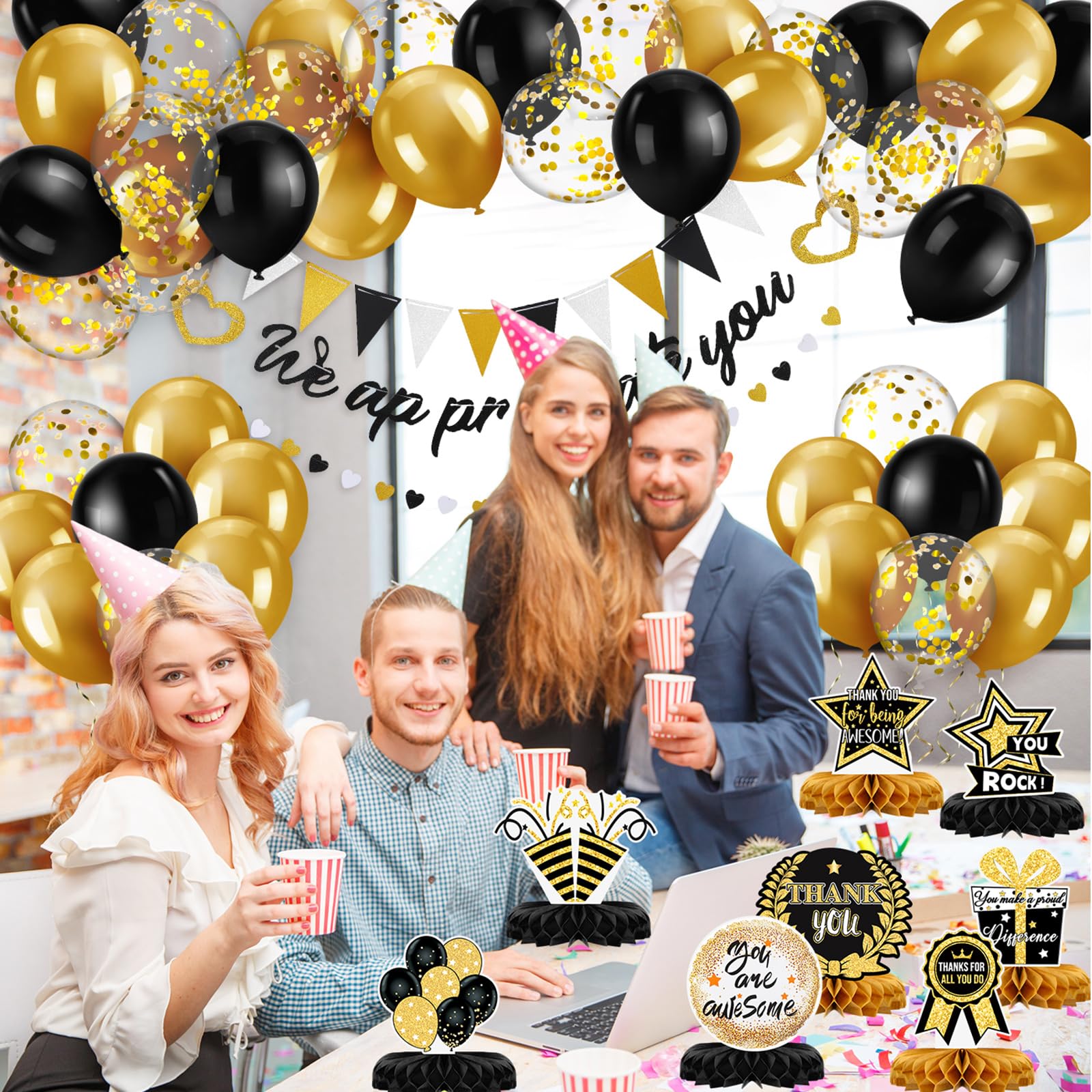 Foilswirl Employee Appreciation Decorations We Appreciate You Banner Triangle Flag Banner Heart Banner 3D Tables Honeycomb Centerpieces Balloons for Farewell Retirement Going Away Party (Black, Gold)