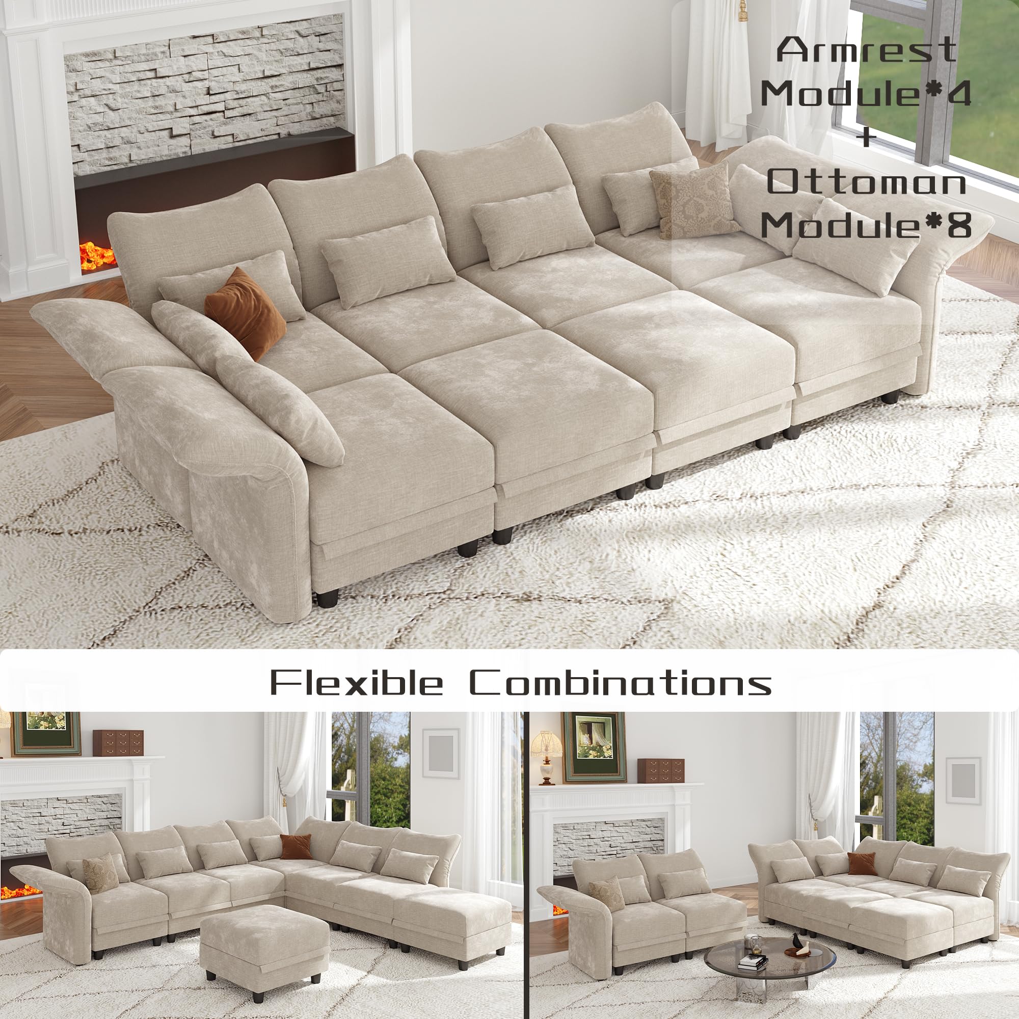 LLappuil 8 Seater Modular Sectional Sofa Deep Seat 114 Inch Large Chenille Sectional Couches for Living Room with Reversible Ottoman, Adjustable Armrest Backrest, Khaki