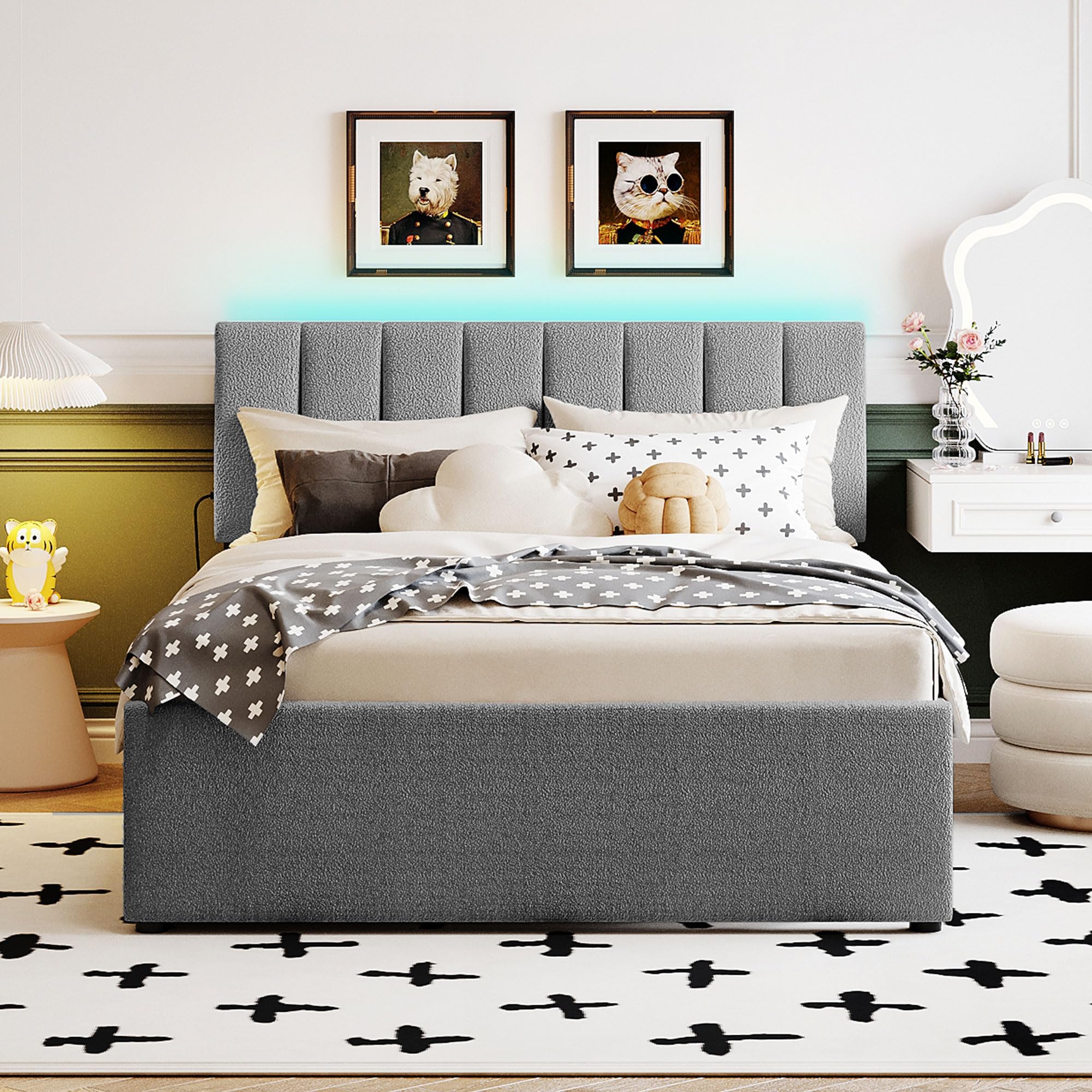 Favfurish Teddy Fleece Full Size Upholstered Platform Bed with Trundle & LED Lights, Wooden Bedframe,No Box Spring Needed, w/Wood Slat Support,for Bedroom,Guest Room, Gray