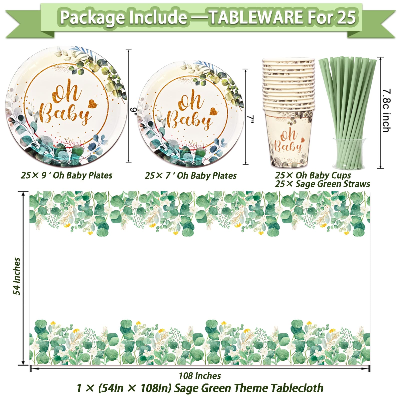 Guudmua 217 Pcs Sage Green Baby Shower Decorations, Neutral Baby Shower Decor Supplies- Disposable Dinnerware Set With Eucalyptus Leaf (25 Guest), "OH BABY" Banner, Balloon, Sash, Cake Topper