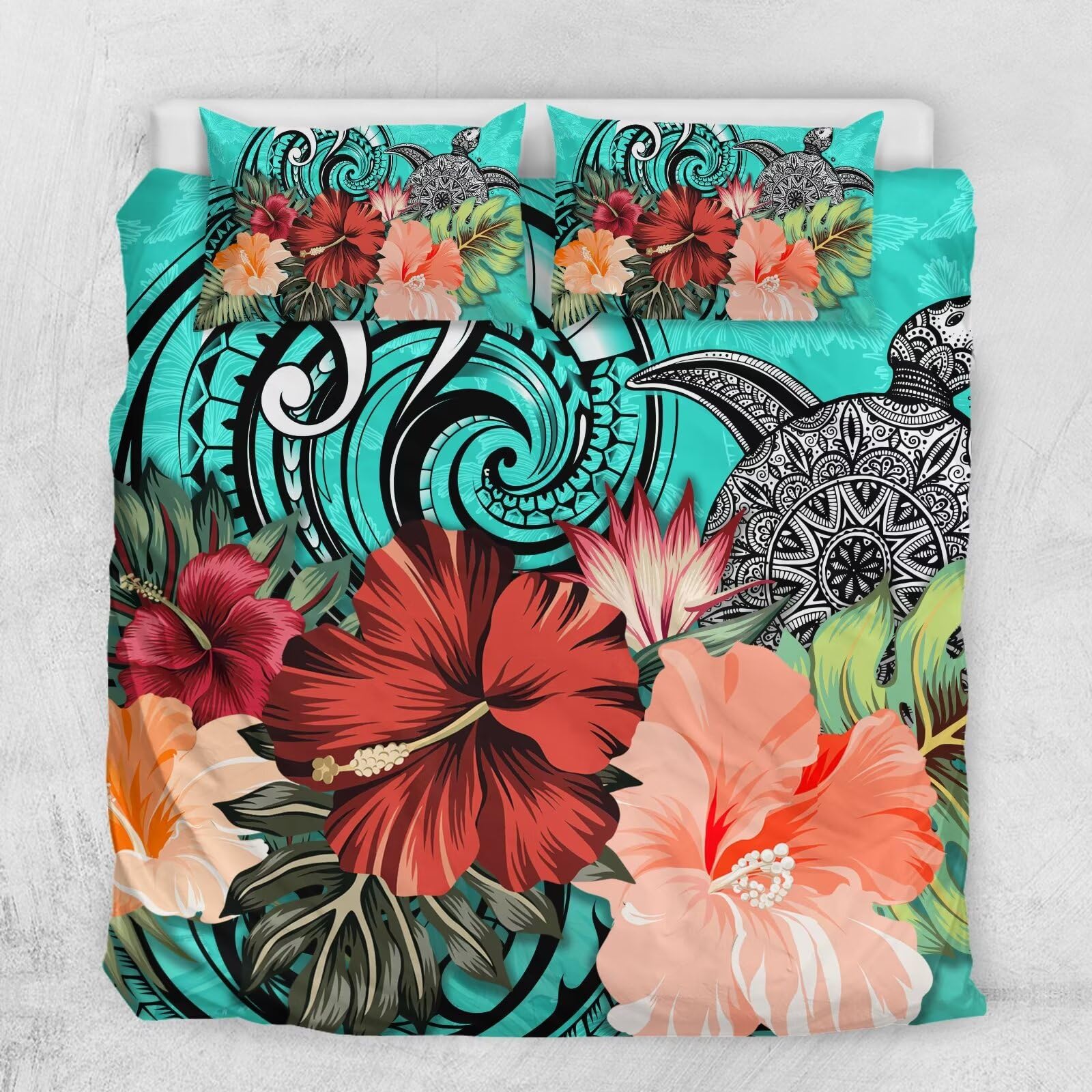 gearider Tropical Hibiscus Floral Pattern Duvet Cover Set, Turtle Washed Bedding Set, Polynesian Style Soft Comfy Duvet Cover, Size King