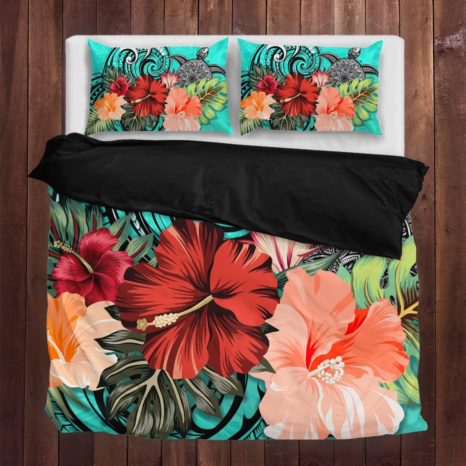 gearider Tropical Hibiscus Floral Pattern Duvet Cover Set, Turtle Washed Bedding Set, Polynesian Style Soft Comfy Duvet Cover, Size King