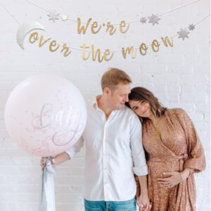 MUWEOL We’Re Over The Moon Banner - Over The Moon Baby Shower Decoration,Gender Reveal Wall Hanging Banner,Golden Glitter Party Wall Decoration (moon banner golden)