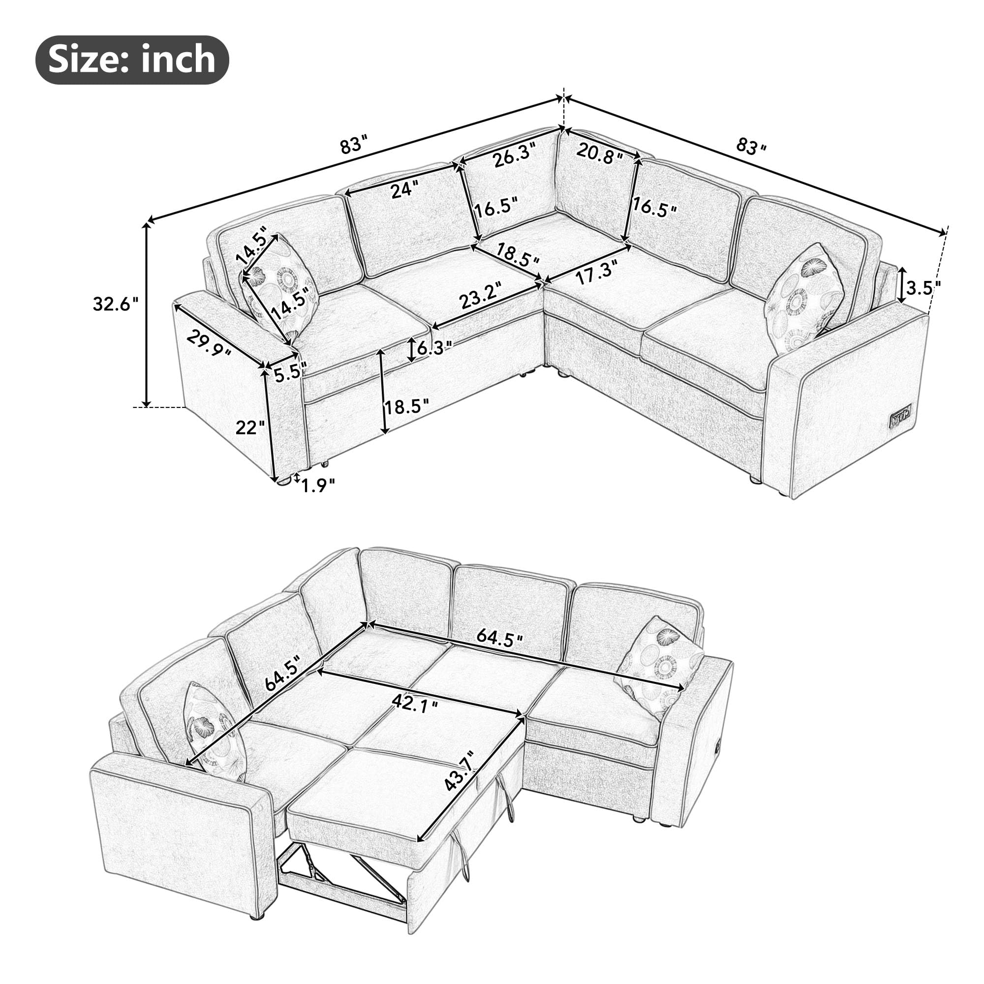 P PURLOVE L-Shaped Pull Out Sleeper Sofa Bed, Modern Convertible Sleeper Sofa with 2 USB Ports, 2 Power Sockets and 3 Pillows, L Shape Linen Sectional Sofa for Living Room, Bedroom, Office, Cream