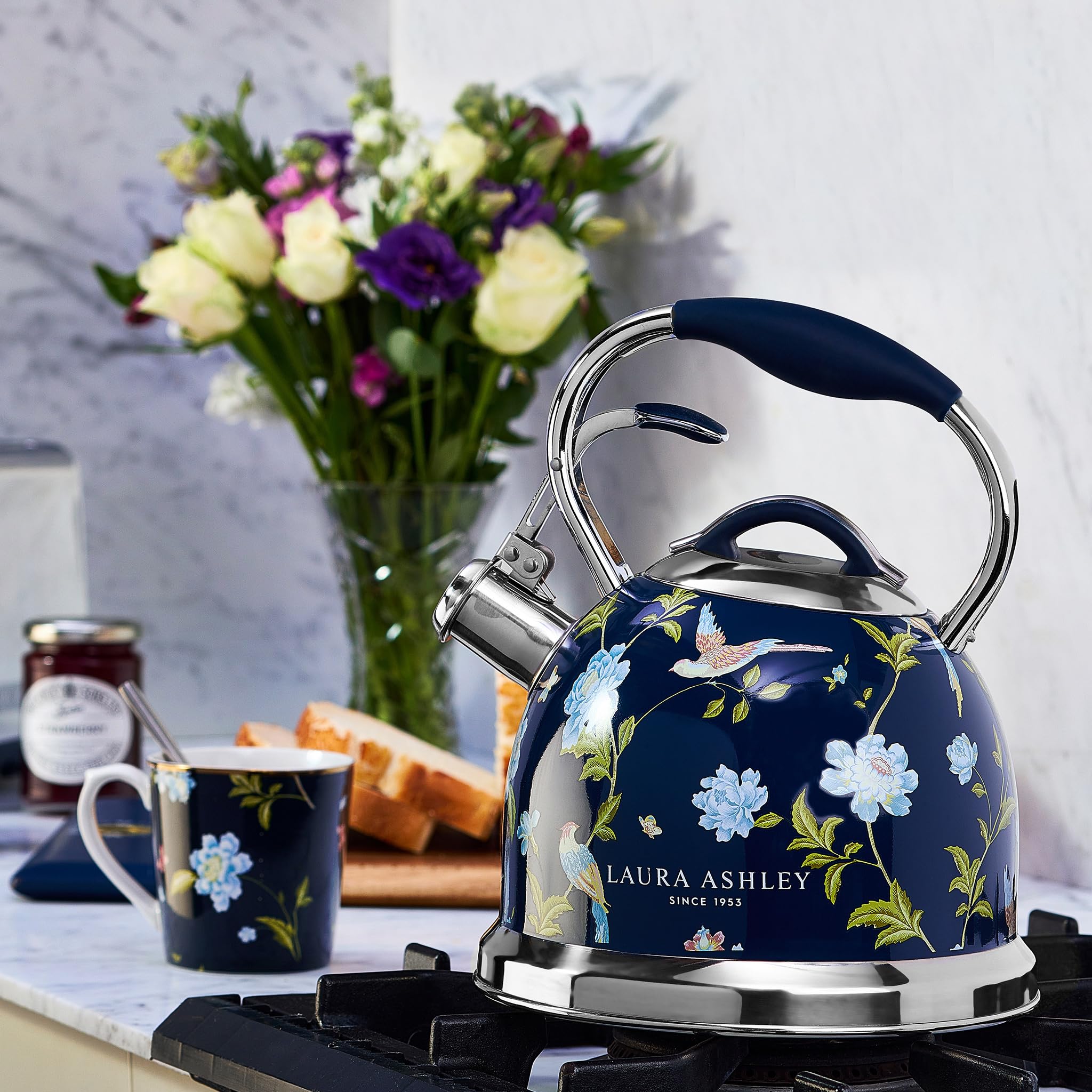 VQ Laura Ashley Elveden Navy 3L Stainless Steel Tea Kettle Stovetop Whistling Teapot for Induction, Gas Hob or others. Silicon Coated Cool Handle & Push Button Mechanism Vintage Stove Top Kettle