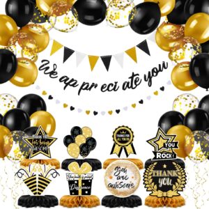 foilswirl employee appreciation decorations we appreciate you banner triangle flag banner heart banner 3d tables honeycomb centerpieces balloons for farewell retirement going away party (black, gold)