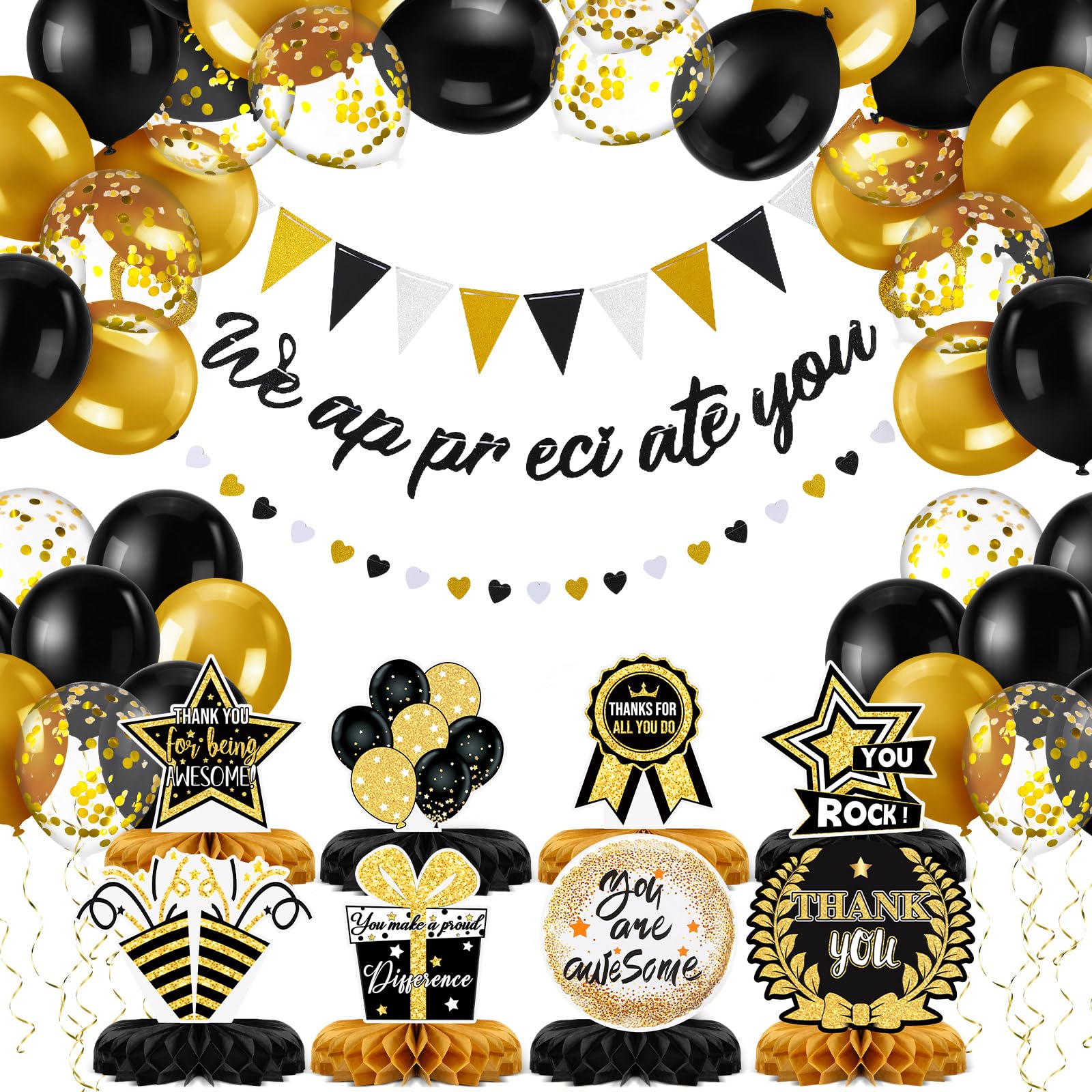 Foilswirl Employee Appreciation Decorations We Appreciate You Banner Triangle Flag Banner Heart Banner 3D Tables Honeycomb Centerpieces Balloons for Farewell Retirement Going Away Party (Black, Gold)