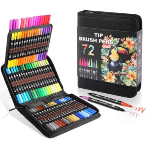 toshare double brush marker pens, 72 colors art markers set with fine tip and brush tip for kids adult coloring book hand lettering calligraphy drawing art supplies kit