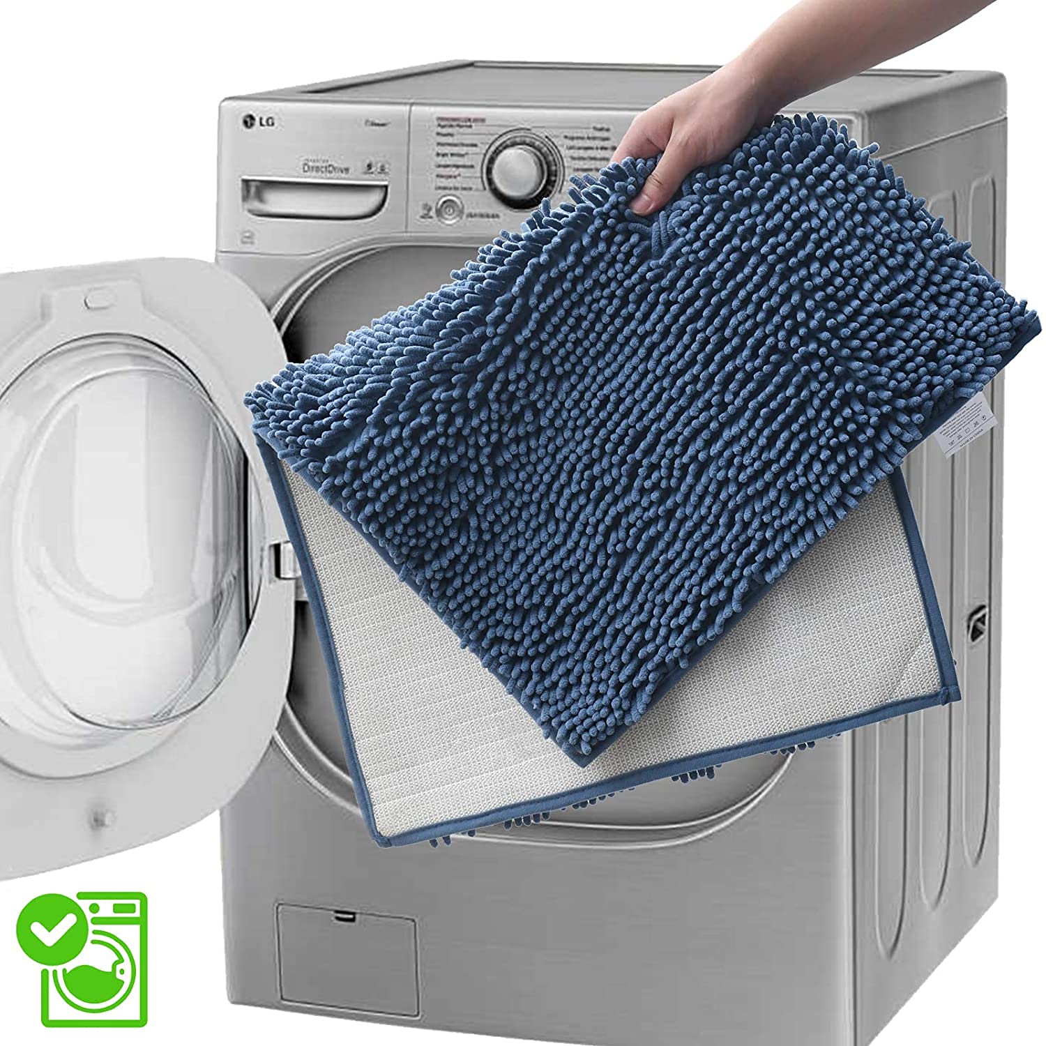 Blue Bath Toilet Rugs Chenille Bath Mats Set 2 Piece Extra Soft and Absorbent Shaggy Rugs, Machine Wash and Dry, Perfect Plush Bath Mats for Tub, Shower, Bathroom ​Decor, Washable Carpets Set