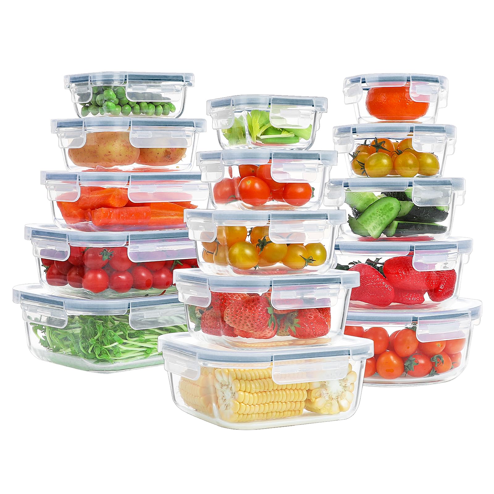 BAYZZ 30 Pieces Glass Meal Prep Containers, Airtight Glass Food Storage Containers, Glass Lunch Containers with Lids, Microwave and Dishwasher Friendly