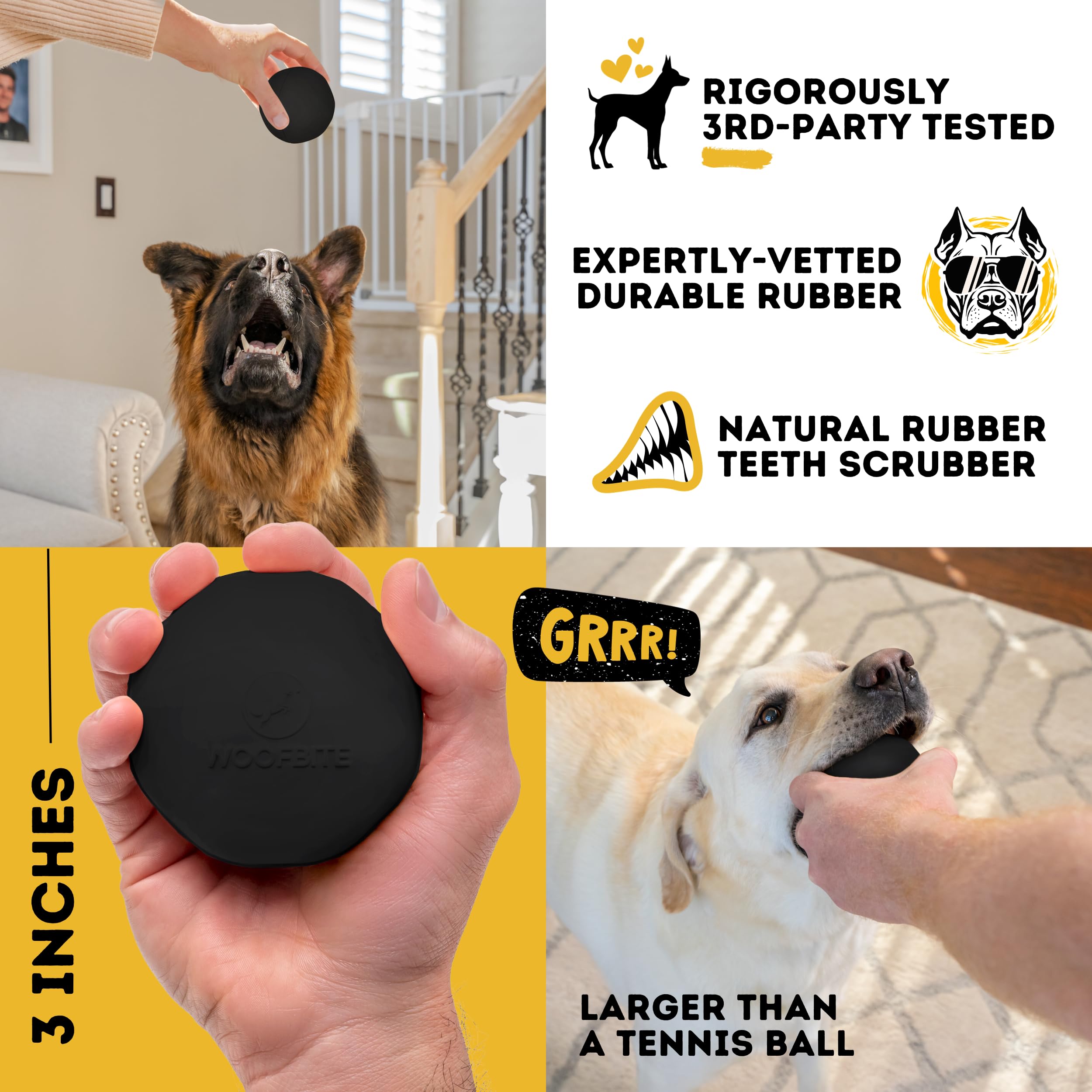 WoofBite® “Indestructible” Dog Ball for Toy Destroyers & Aggressive Chewers - Durable, Heavy Duty Natural Rubber - Dog Chew & Fetch Toy for Medium & Large Breed Dogs