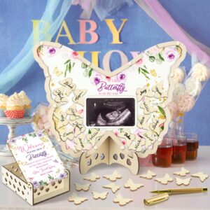 Wenqik 63 Pcs Baby Shower Guest Book Alternatives Set Baby Shower Guestbook with Photo Frame Baby Sonogram Frame Keepsake 60 Wood Slices Guest Book for Birthday(Butterfly)