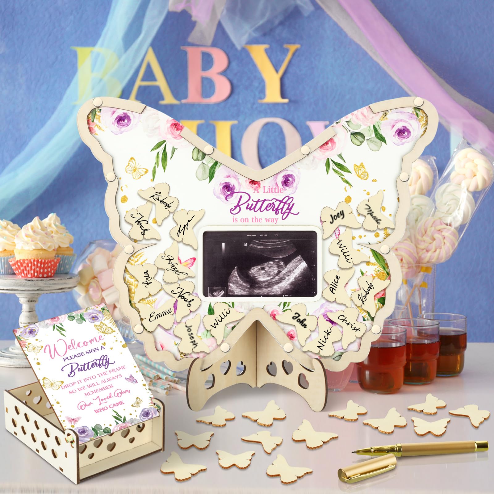 Wenqik 63 Pcs Baby Shower Guest Book Alternatives Set Baby Shower Guestbook with Photo Frame Baby Sonogram Frame Keepsake 60 Wood Slices Guest Book for Birthday(Butterfly)