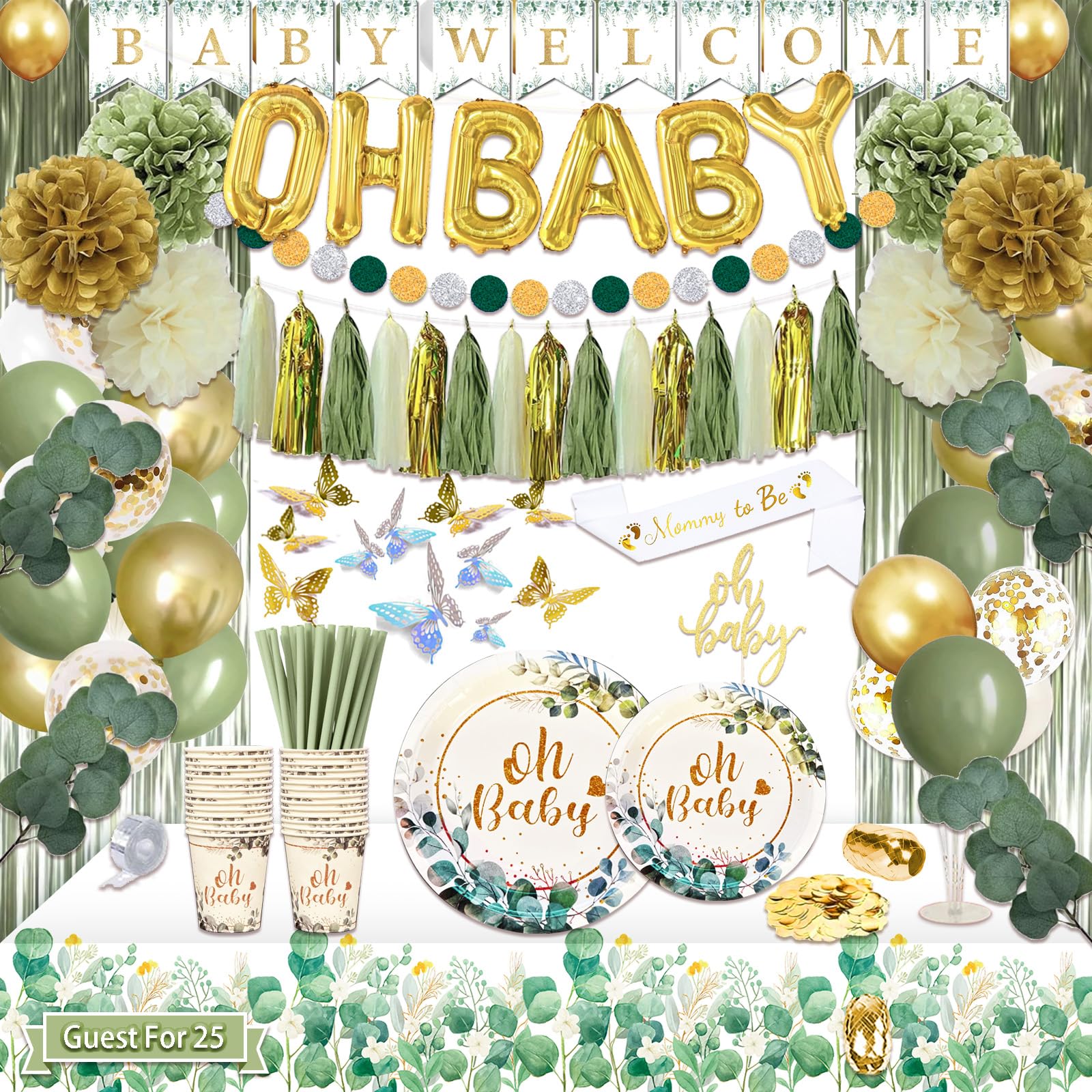 Guudmua 217 Pcs Sage Green Baby Shower Decorations, Neutral Baby Shower Decor Supplies- Disposable Dinnerware Set With Eucalyptus Leaf (25 Guest), "OH BABY" Banner, Balloon, Sash, Cake Topper