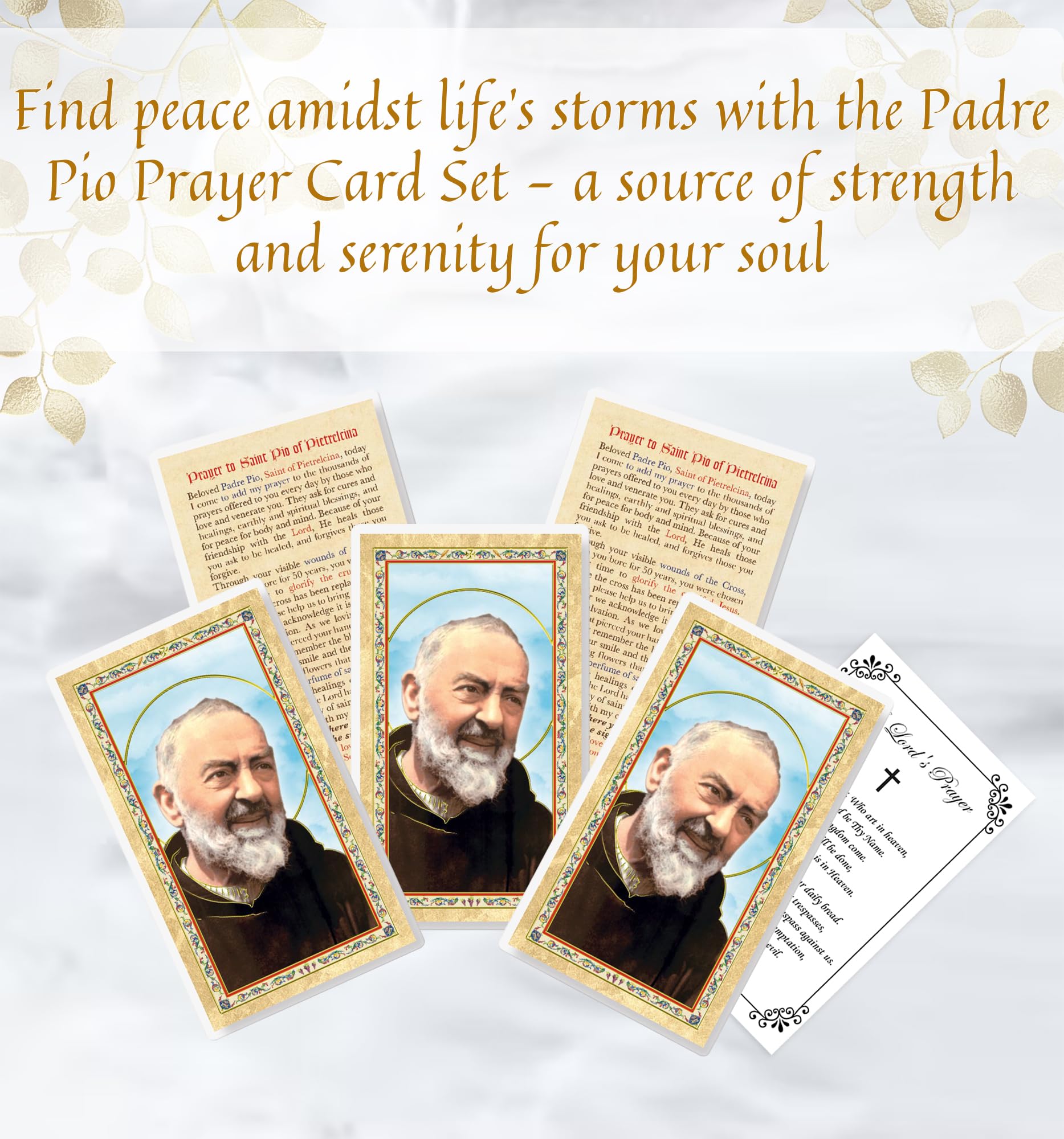 Father Pio Prayer Card - The Lord's Prayer - 5 Laminated Double Sided Padre Pio Holy Card for Daily Prayers - Padre Pio Healing Prayer Card, Patron Saint of Stress Relief Themed Set, 6 Items