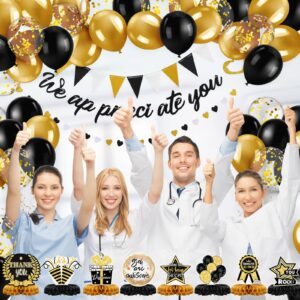 Foilswirl Employee Appreciation Decorations We Appreciate You Banner Triangle Flag Banner Heart Banner 3D Tables Honeycomb Centerpieces Balloons for Farewell Retirement Going Away Party (Black, Gold)