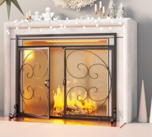 fire beauty fireplace screen with magnetic doors,large metal fireplace screen for home,spark guard,decorative metal furnace fireguards,baby safe spark guard protector,black