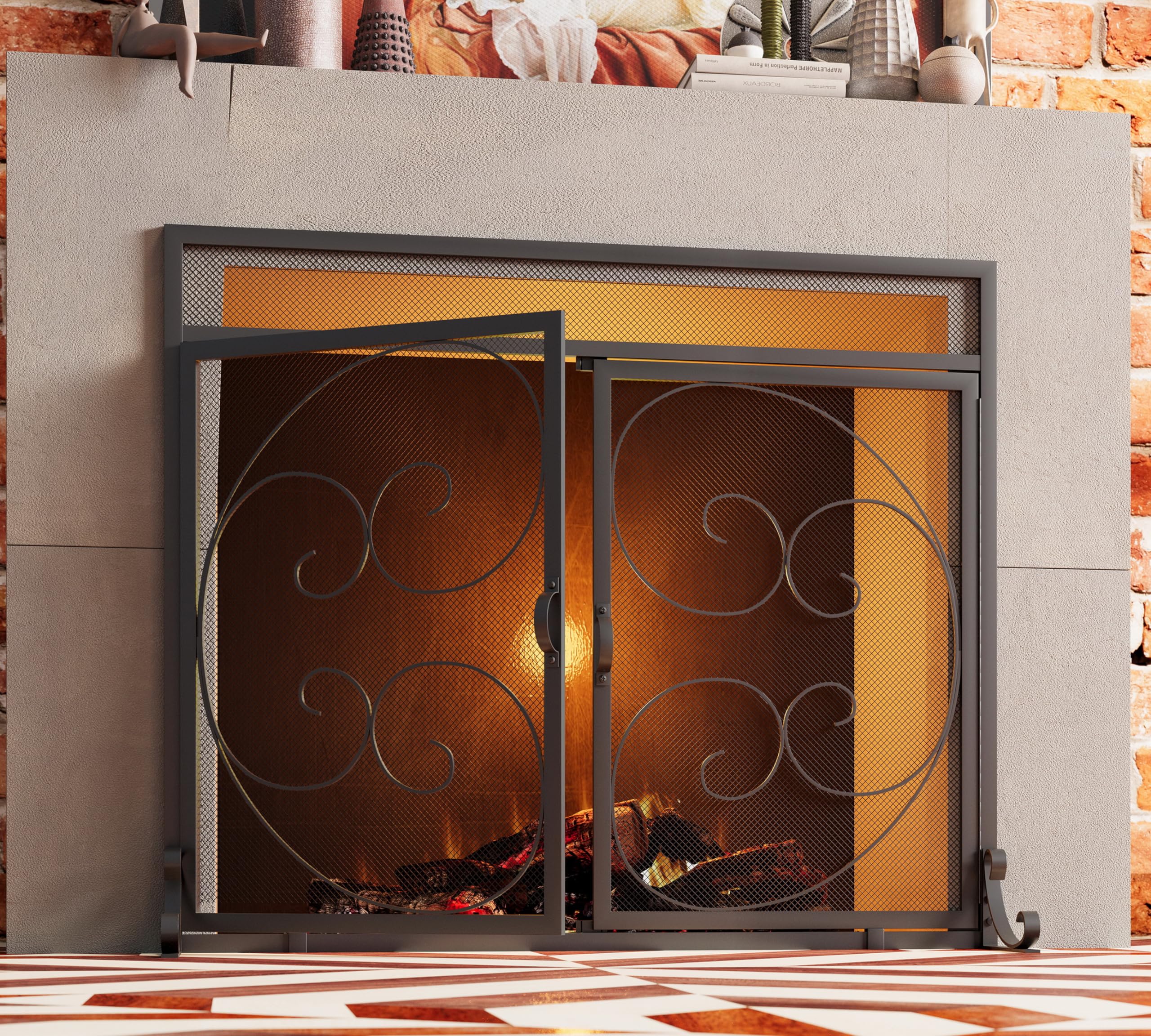 Fire Beauty Fireplace Screen with Magnetic Doors,Large Metal Fireplace Screen for Home,Spark Guard,Decorative Metal Furnace Fireguards,Baby Safe Spark Guard Protector,Black