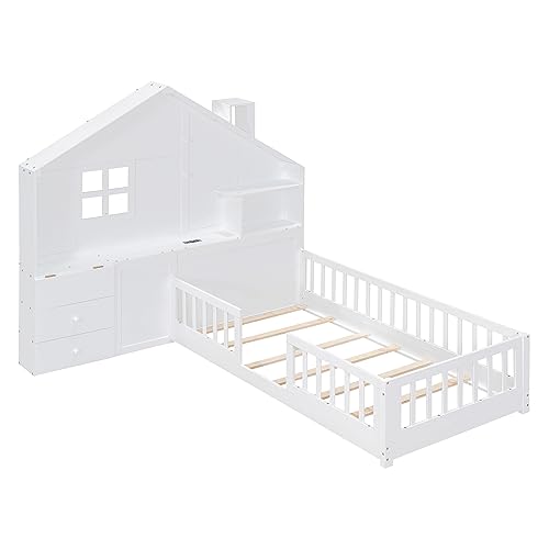 BOVZA Wooden House Montessori Floor Twin Bed for Kids with Window and Bedside Drawers, Platform Bed with Shelves and a Set of Sockets and USB Port, White