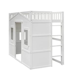 BOVZA Twin Size House Loft Bed, Wooden Bed Frame with Ladder, Kids Playhouse Bed with Window for Girls Boys, White