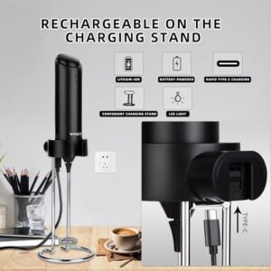 WINETELL Rechargeable Handheld Electric Milk Frother with USB C Charging Stand for Lattes- Powerful Whisk Drink Frother Wand for Coffee, Hot Chocolate, Cappuccino, Frappe, Matcha