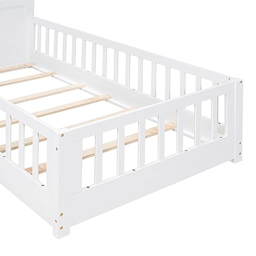 BOVZA Wooden House Montessori Floor Twin Bed for Kids with Window and Bedside Drawers, Platform Bed with Shelves and a Set of Sockets and USB Port, White