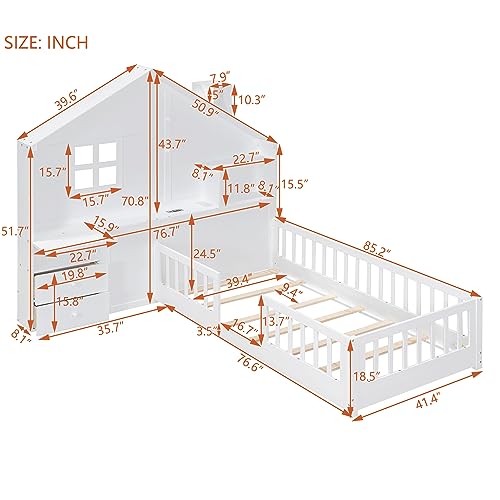 BOVZA Wooden House Montessori Floor Twin Bed for Kids with Window and Bedside Drawers, Platform Bed with Shelves and a Set of Sockets and USB Port, White