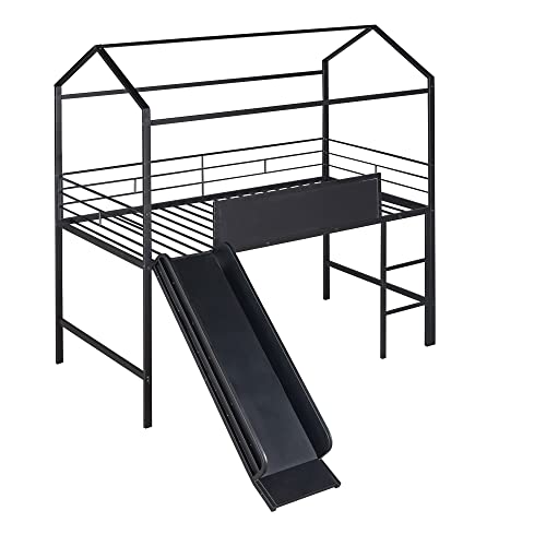 BOVZA Twin Size House Loft Bed with Slide and Ladder, Metal Loft Bed Frame with 2 Sided Writable Wooden Board and Roof for Kids Boys Girls Bedroom, Black