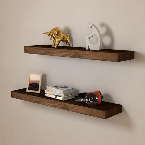 FALANZATH Floating Shelves Wall Mounted, Rustic Wood Shelves Set of 2, 30 Inch Wall Shelves for Bathroom, Bedroom, Kitchen, Shelves for Wall Decor (Dark Walnut)