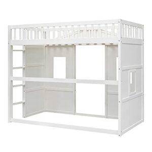 BOVZA Twin Size House Loft Bed, Wooden Bed Frame with Ladder, Kids Playhouse Bed with Window for Girls Boys, White