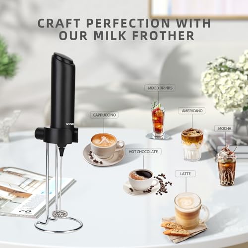 WINETELL Rechargeable Handheld Electric Milk Frother with USB C Charging Stand for Lattes- Powerful Whisk Drink Frother Wand for Coffee, Hot Chocolate, Cappuccino, Frappe, Matcha