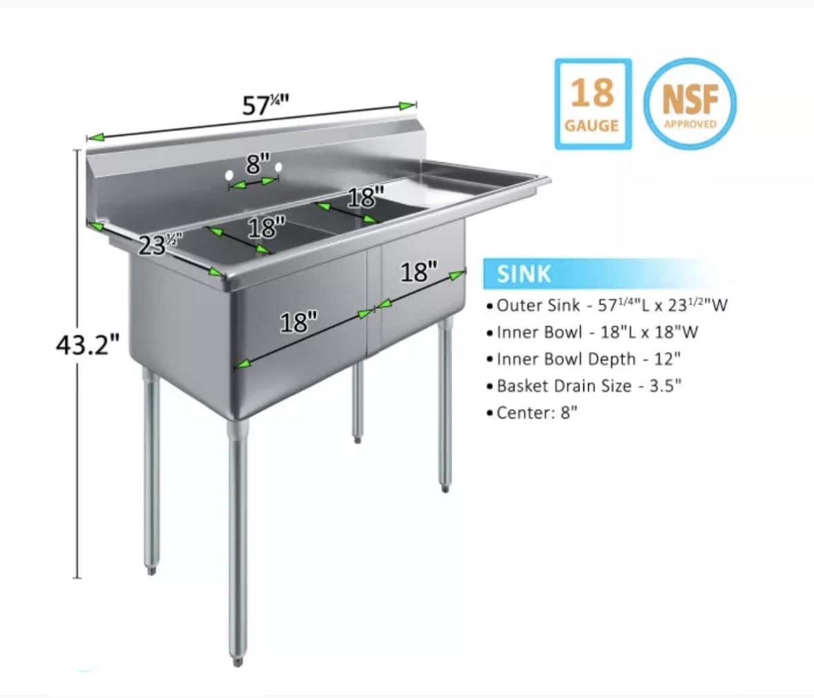 18" X 18" X 12" TWO COMPARTMENT STAINLESS STEEL COMMERCIAL KITCHEN PREP & UTILITY SINK | NSF (RIGHT DRAINBOARD)