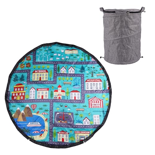 Toy Storage Basket with Cityscape Playmat - 11.8" Drawstring Toy Storage Bag with Foldable Play Mat Featuring Nonslip Backing - Portable Slide-Away Toy Storage Basket for Playrooms/Home/Travel