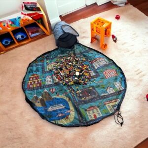 Toy Storage Basket with Cityscape Playmat - 11.8" Drawstring Toy Storage Bag with Foldable Play Mat Featuring Nonslip Backing - Portable Slide-Away Toy Storage Basket for Playrooms/Home/Travel