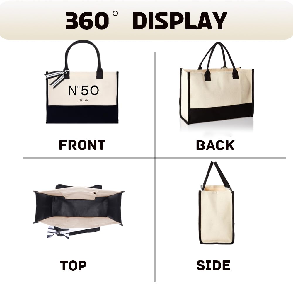 QLSKO 50th Birthday Gift Canvas Tote Bag for Women,N°50 EST.1974 Keepsake Beach Bag 50 Party Birthday Idea Present for Her Fifty